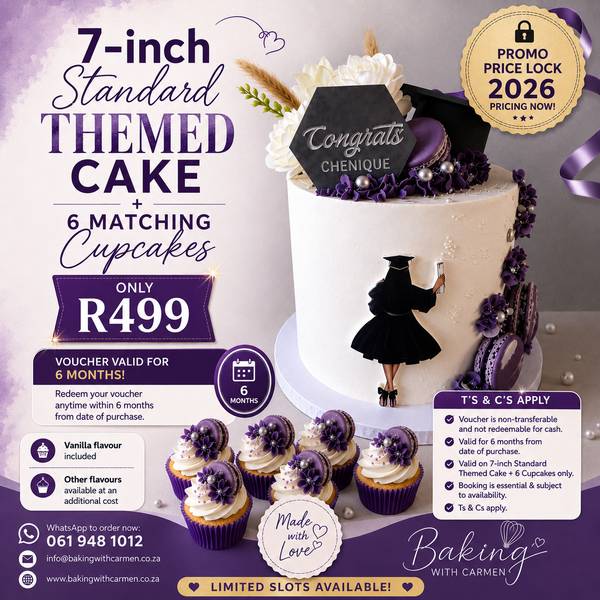 7-inch Standard Themed Cake with 6 matching cupcakes — R499 promo by Baking with Carmen